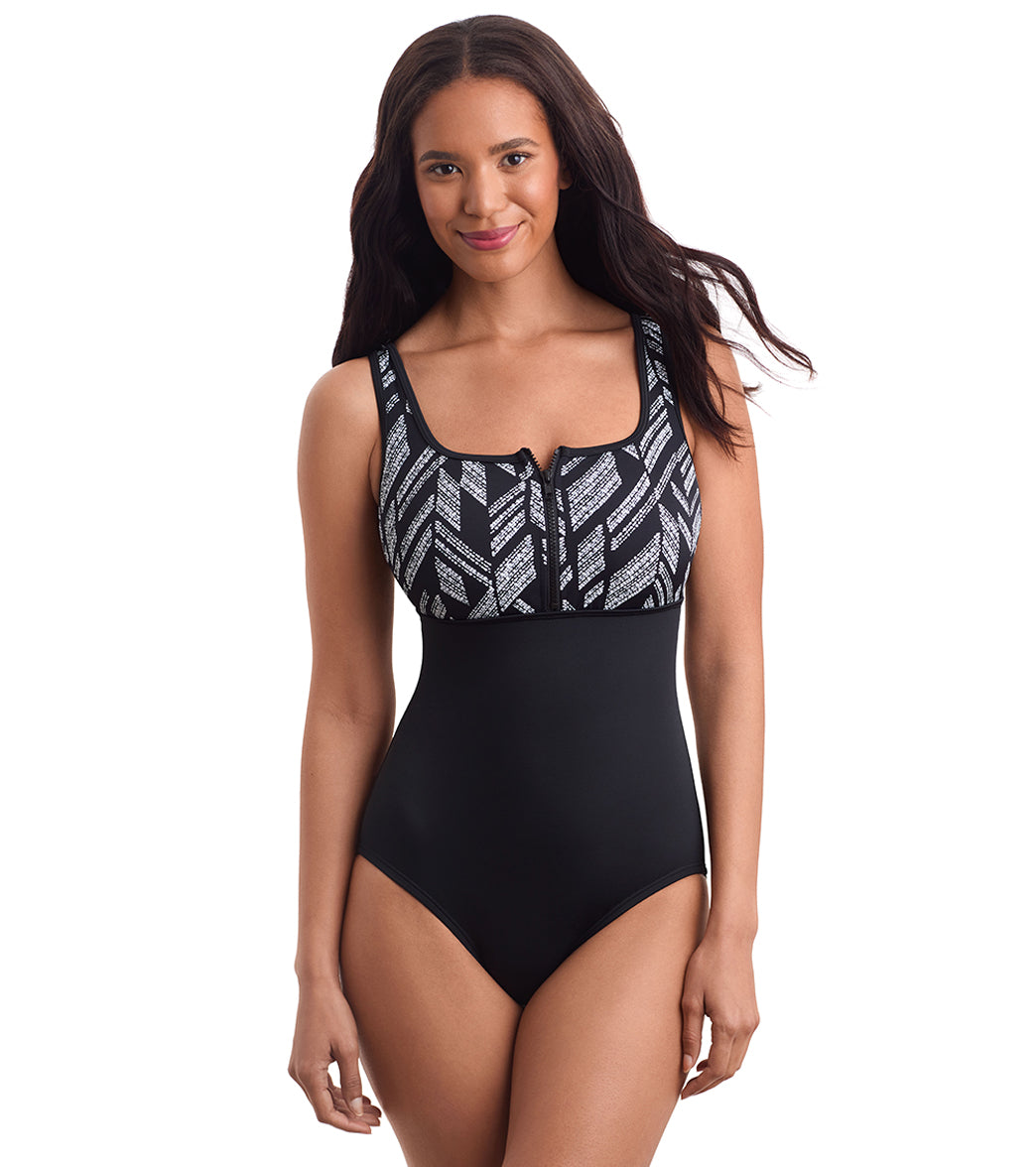 Shape Solver SPORT Women's Herringbone Scoopneck Zipper Tank One Piece Swimsuit