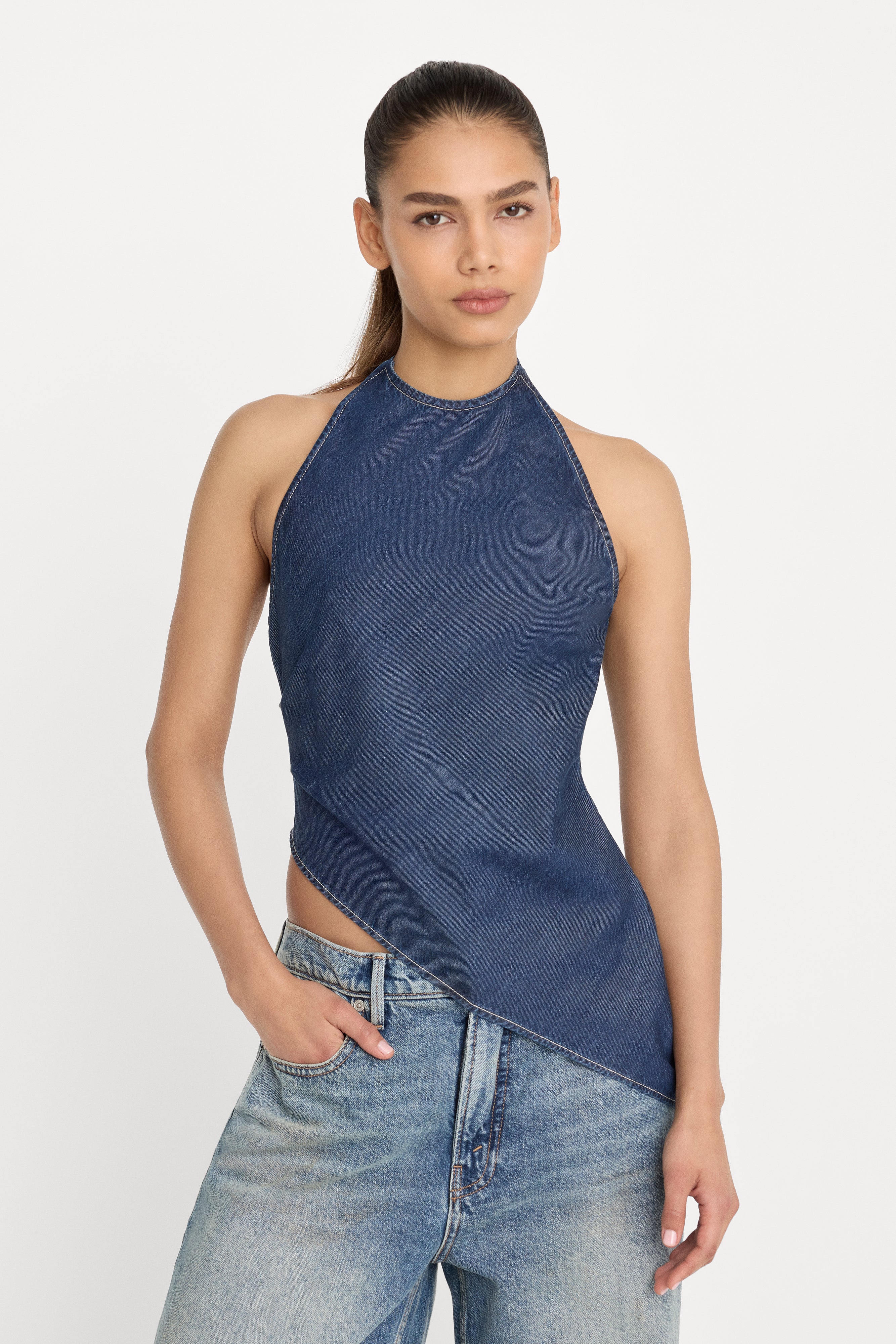 ASYMMETRIC HEM HALTER TOP | INDIGO1187
