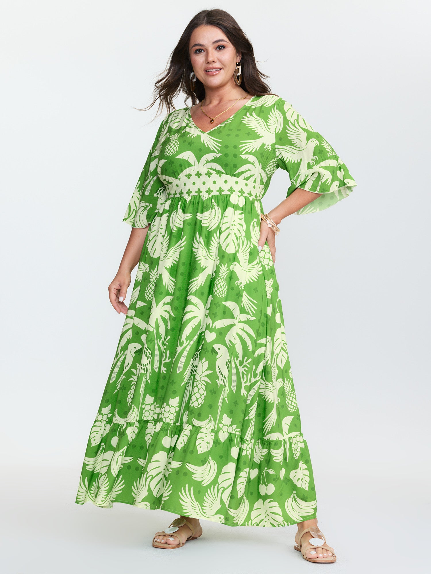 Breezy Tropical Print Waist Defining Maxi Dress