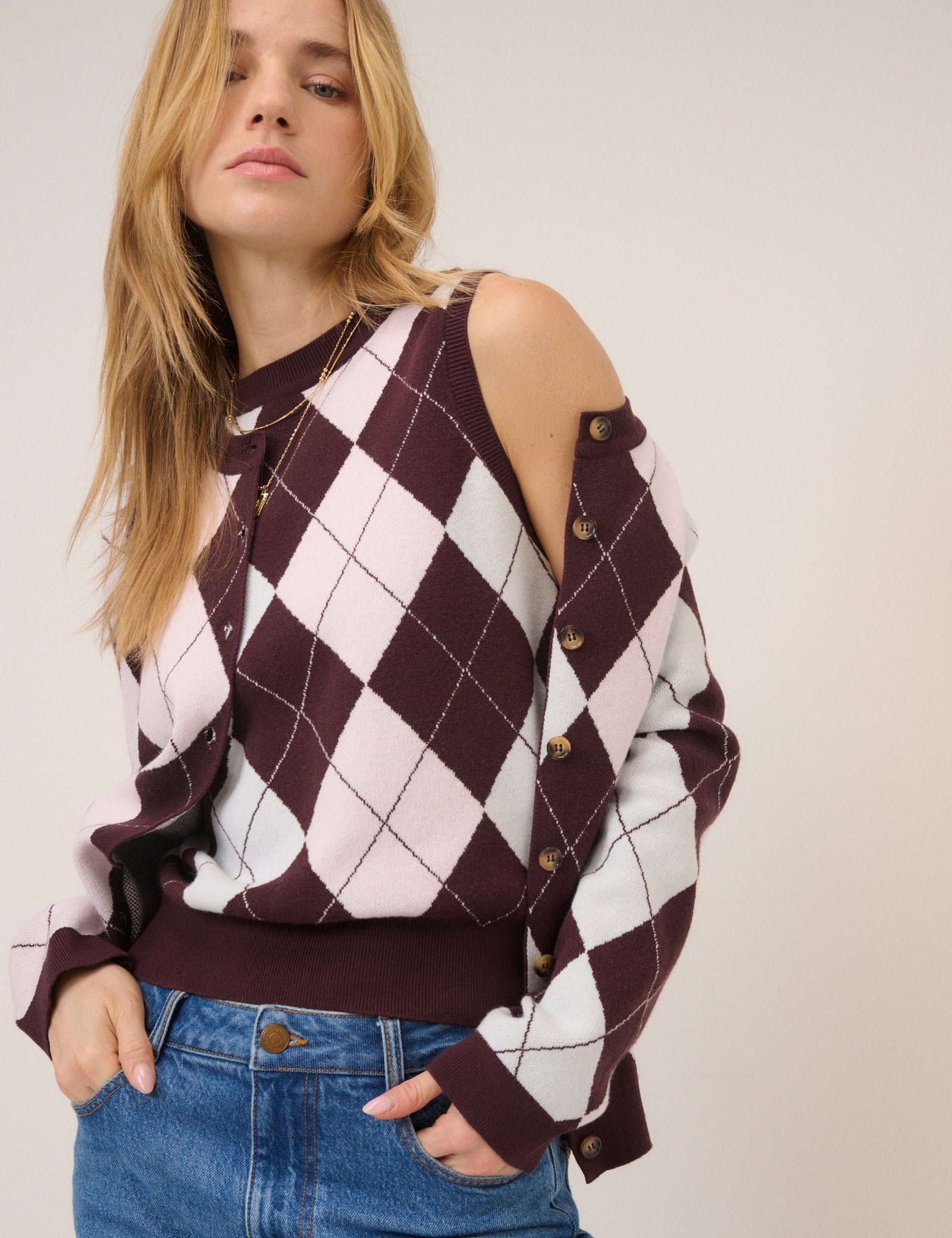 Pink And Brown Knitted Argyle Vest Top