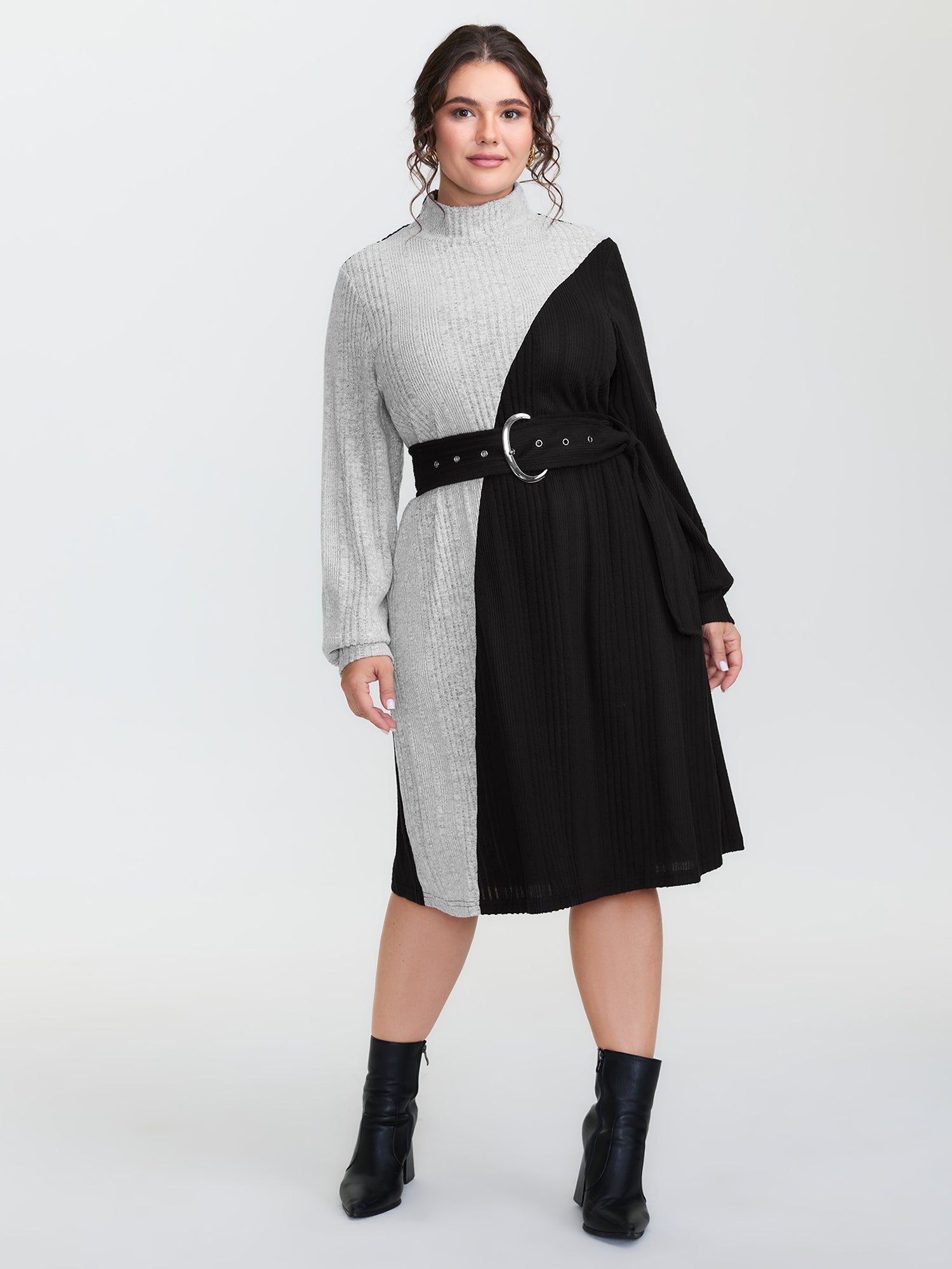 Colorblock Belted Ribbed Midi Dress