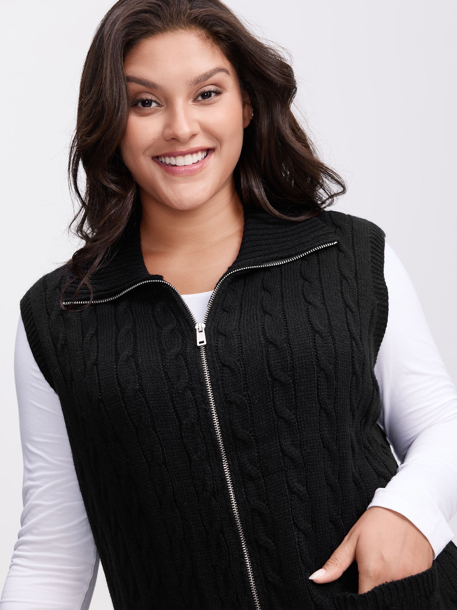Cable Zipper Sleeveless Knit Cardigan