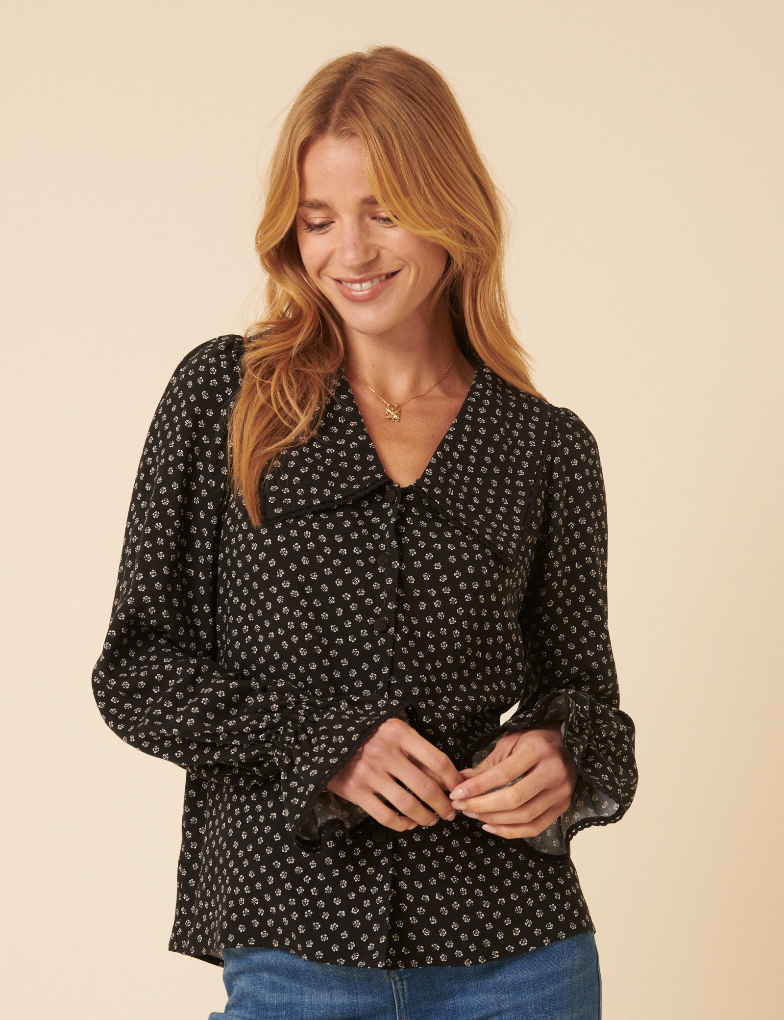 Black Floral Printed Collared Long Sleeve Blouse