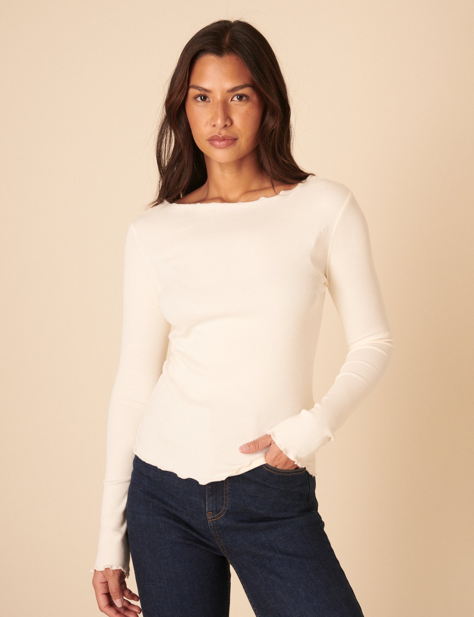 Cream Boat Neck Frill Ribbed Top