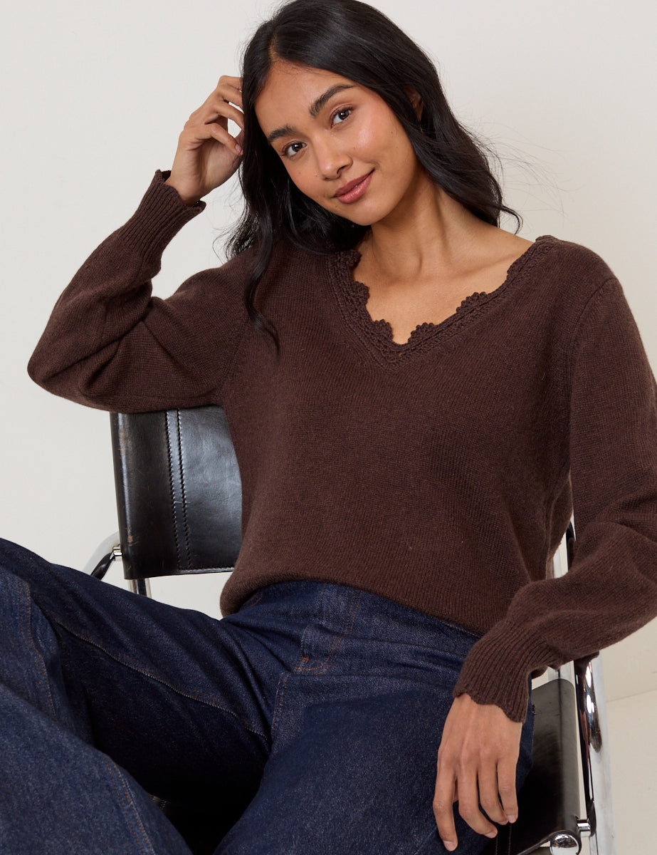 Chocolate Brown Crochet Trim V-Neck Jumper