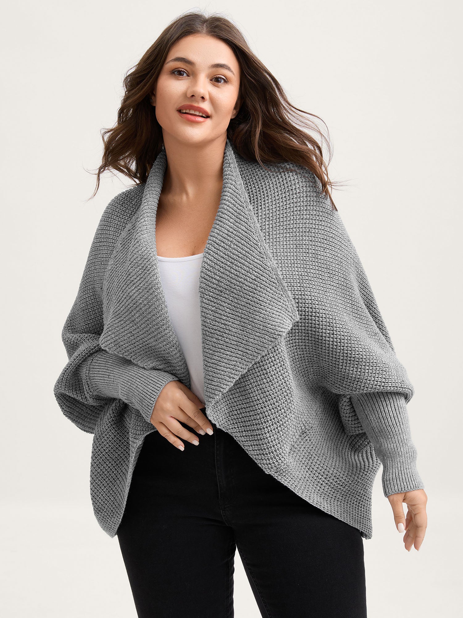 Folded Collar Textured Open-Front Knit Cardigan