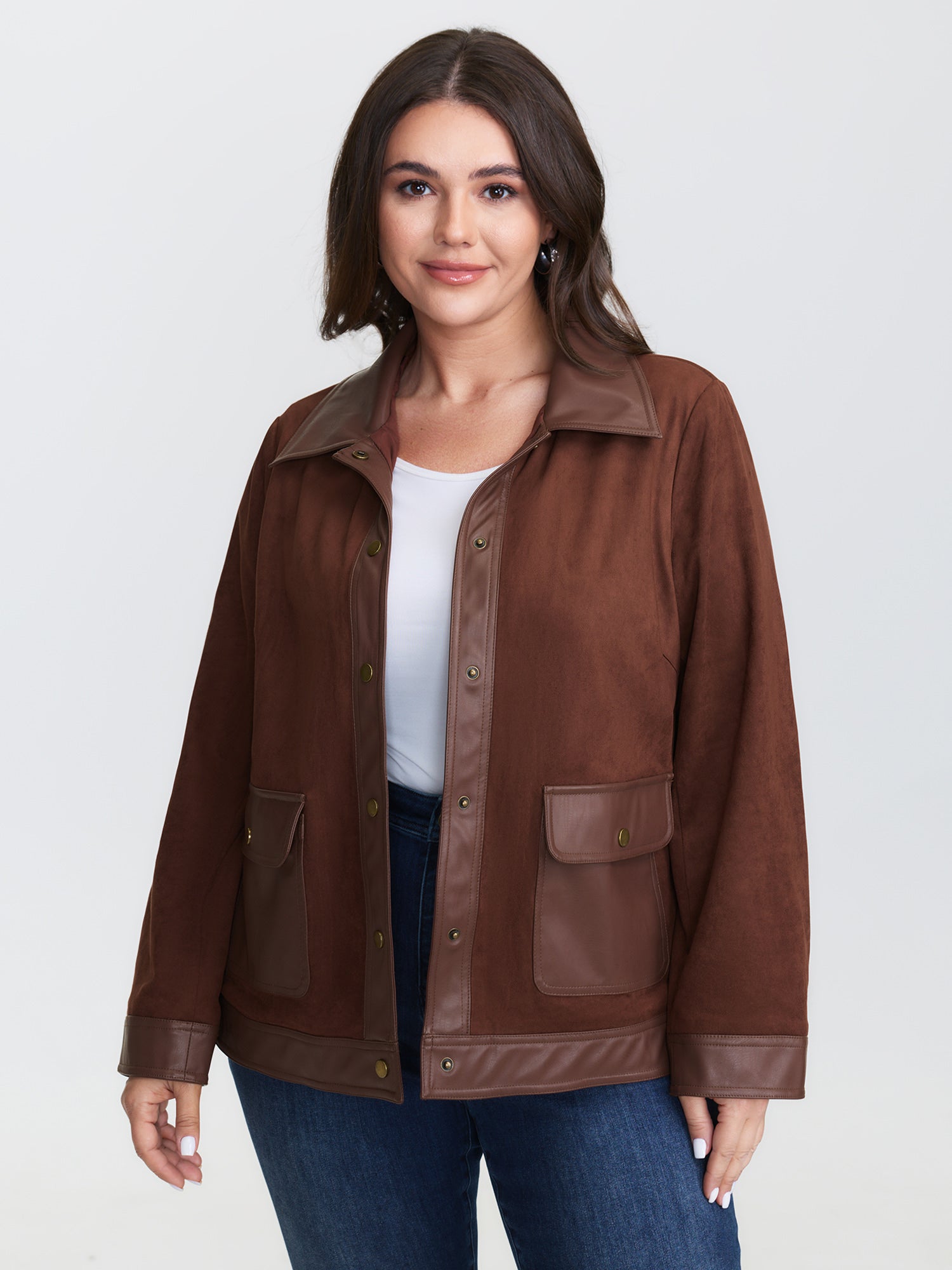 Suede Leather Detail Button-Down Jacket