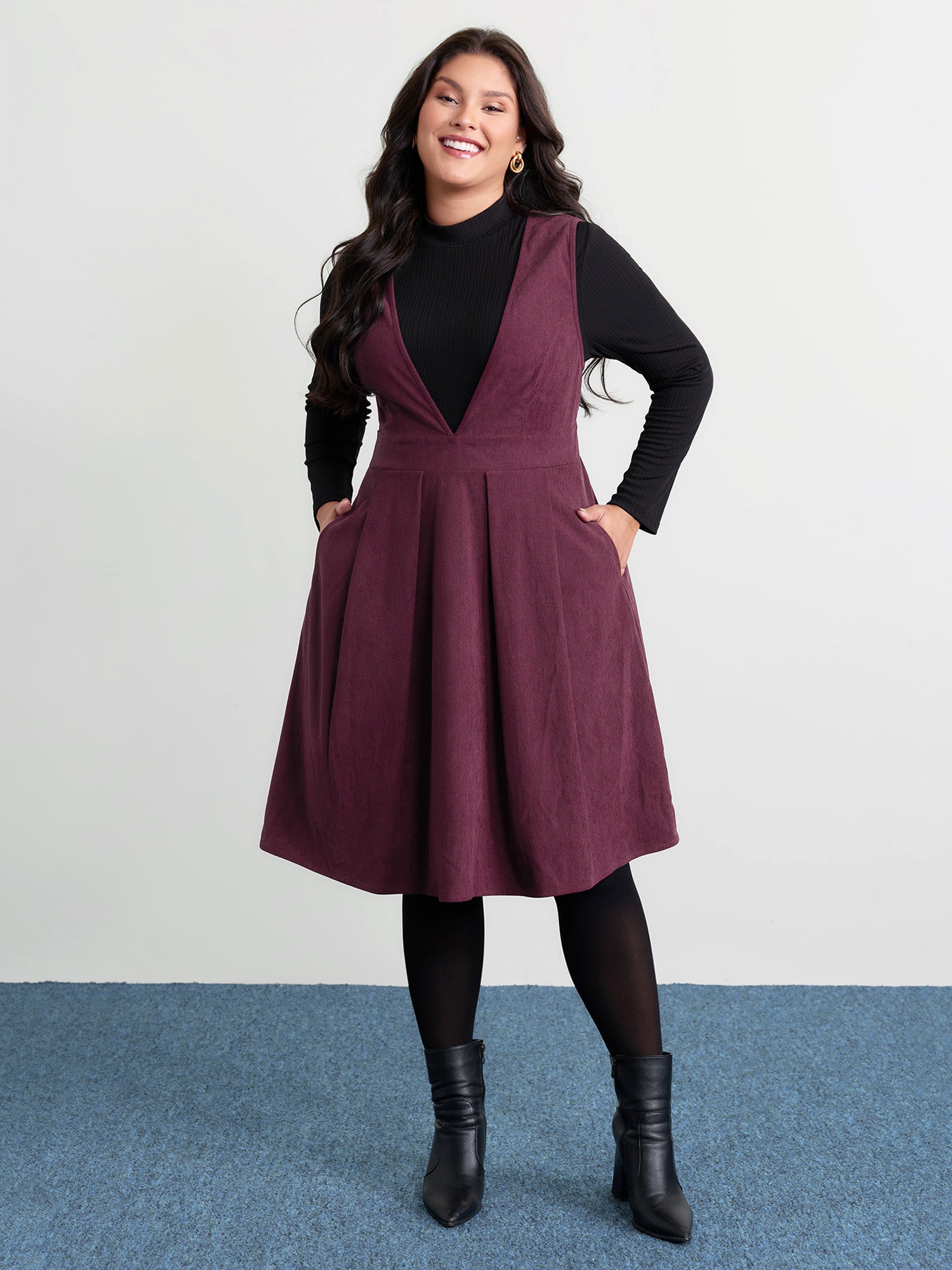 Corduroy Stretchy Waist V-Neck Mini Dress
